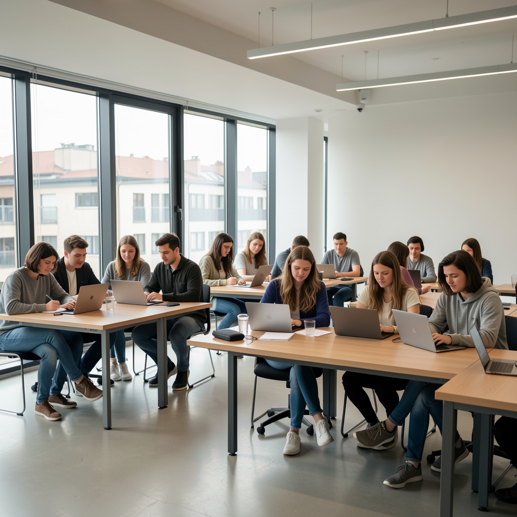 Moderni prostor za novinarska predavanja s grupom studenata koji sjede za stolovima s laptopima i bilježe informacije, osvjetljeni prirodnim svjetlom kroz velike prozore