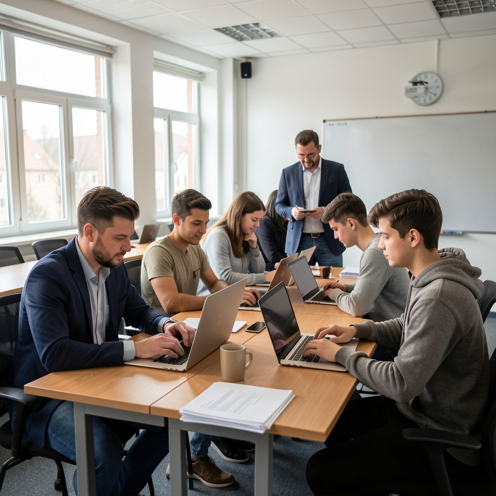 Studenti novinarstva na praktičnoj radionici u modernoj učionici, rade na laptopima i bilježe uz vodstvo mentora
