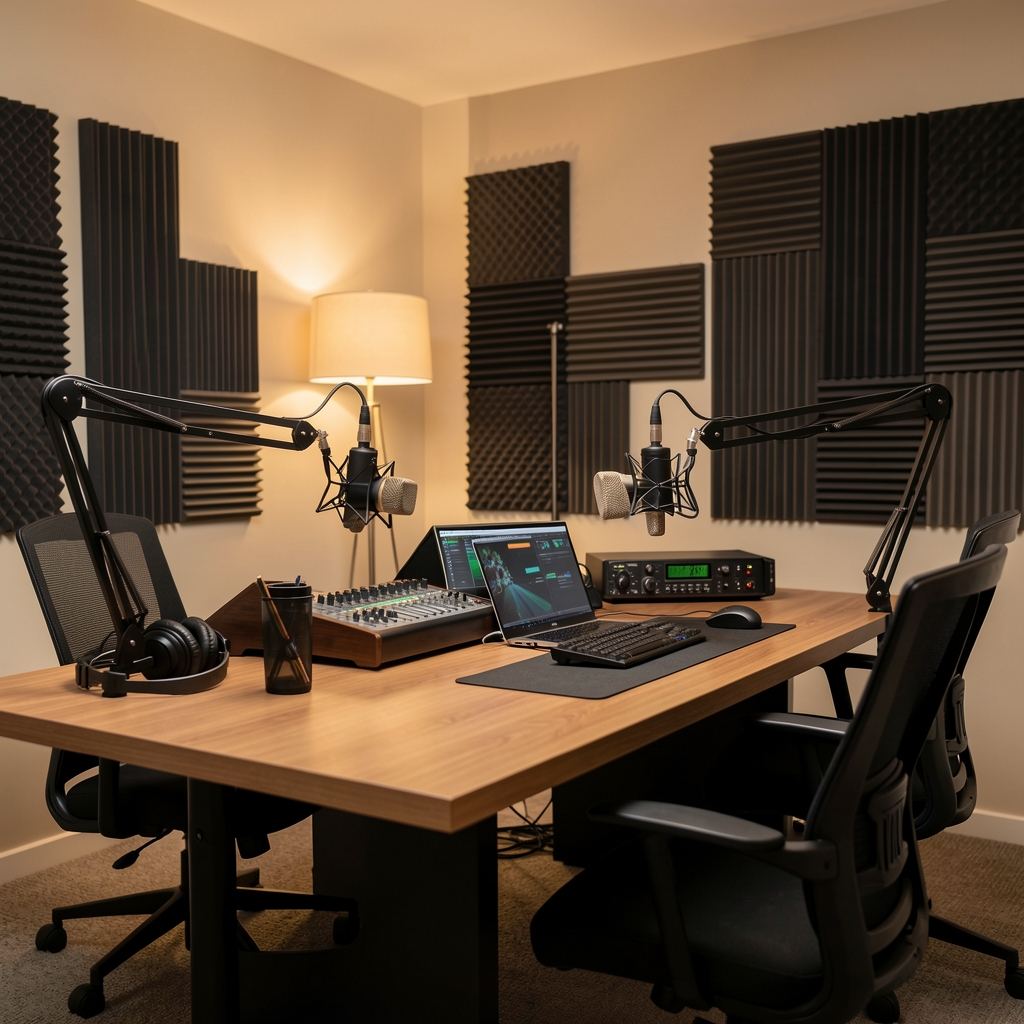 Profesionalni podcast studio s mikrofonima, akustičnim panelima i suvremenom snimačkom opremom, topla rasvjeta, uredno postavljeni stolovi