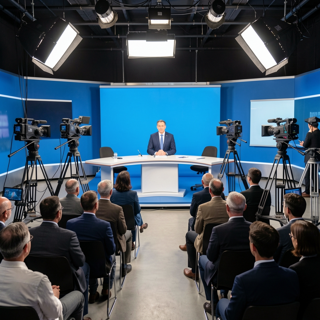 Profesionalni televizijski studio s osvjetljenjem, kamerama na tronošcima i voditeljem koji čita vijesti za plavim pozadinskim ekranom, ekipa u prvom planu
