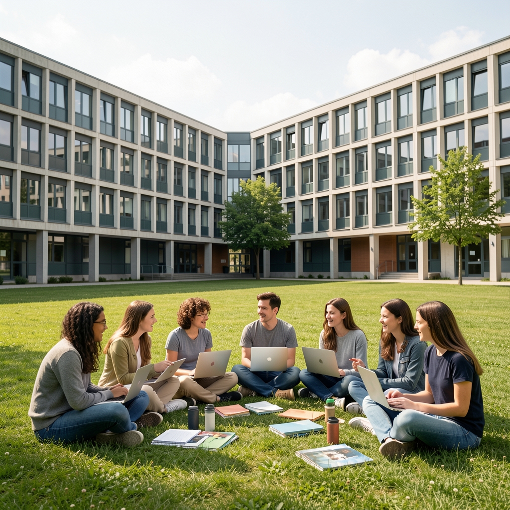 Sveučilišni kampus s grupom studenata medijskih studija koji sjede na travnjaku ispred modernih zgrada i diskutiraju uz laptope i studijske materijale